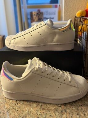adidas White Low-Top Sneakers with Iridescent Heel Accent